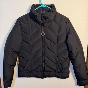 Erin Snow Womens Black Chevron Quilted Puffer Jacket Funnel Neck Ski Coat